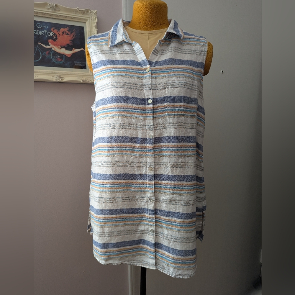 Women's Linen Sleeveless Blouse Size Large Striped Sleeveless Button-Up Shirt